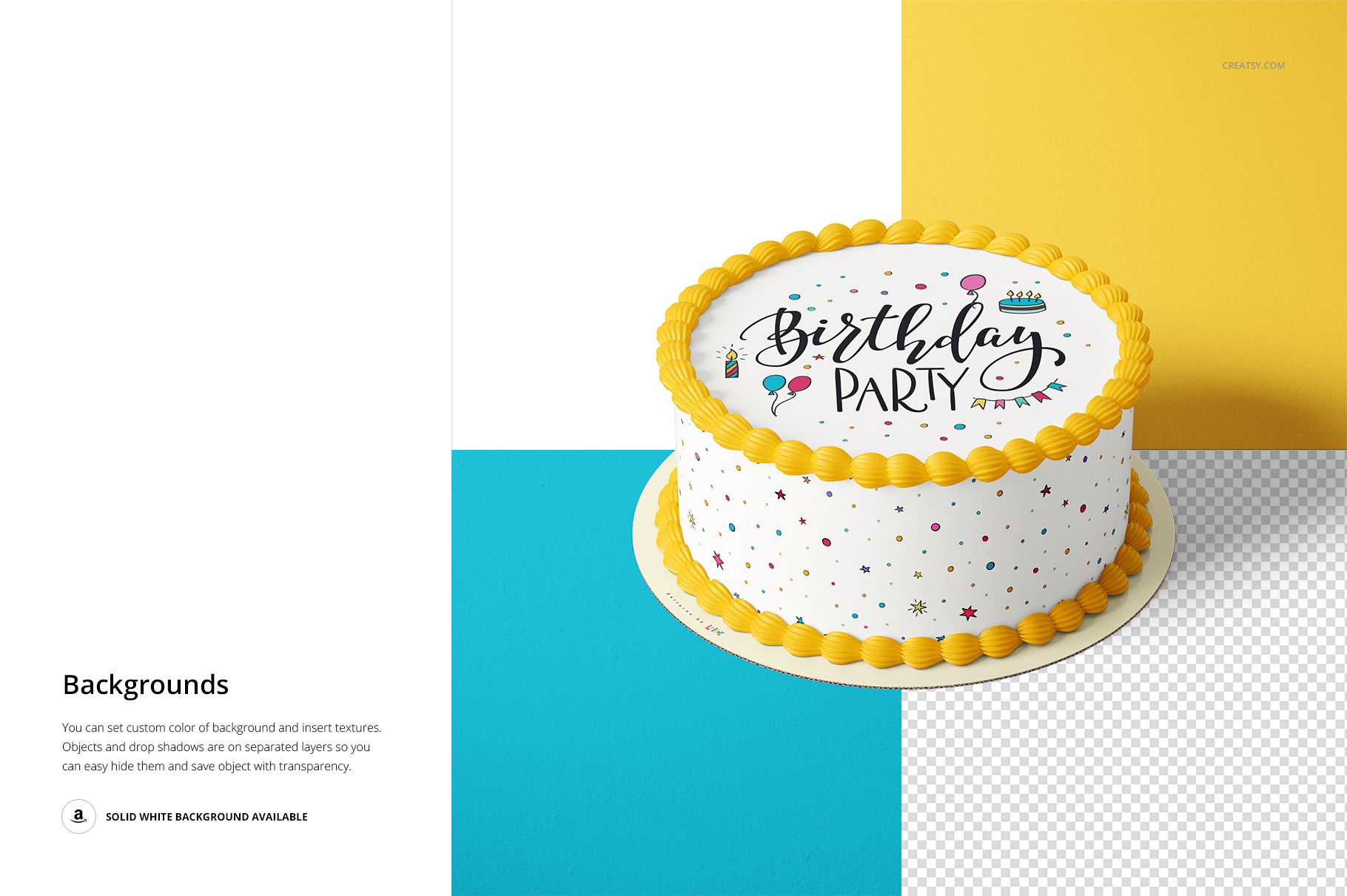 Edible cake topper mockup featuring a round cake with festive decorations, yellow frosting, and party-themed graphics.