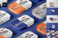 Multiple sardine tin cans with metallic lids and illustrated fish designs displayed in a top-down mockup layout.