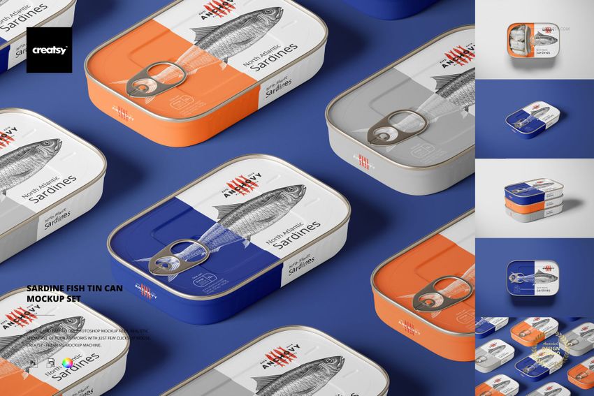 Multiple sardine tin cans with metallic lids and illustrated fish designs displayed in a top-down mockup layout.