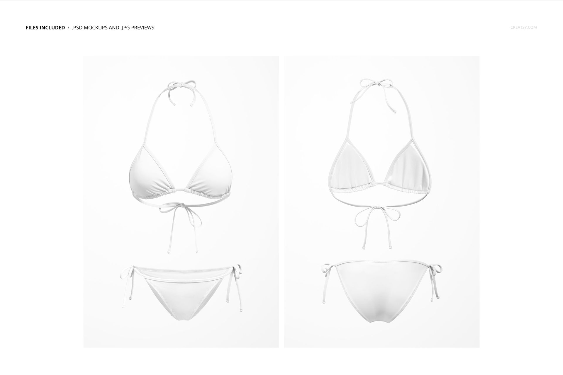 White triangle bikini mockup showing both front and back perspectives, with adjustable string ties on a neutral surface.