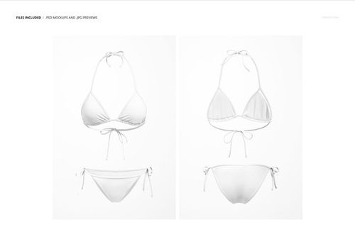 White triangle bikini mockup showing both front and back perspectives, with adjustable string ties on a neutral surface.