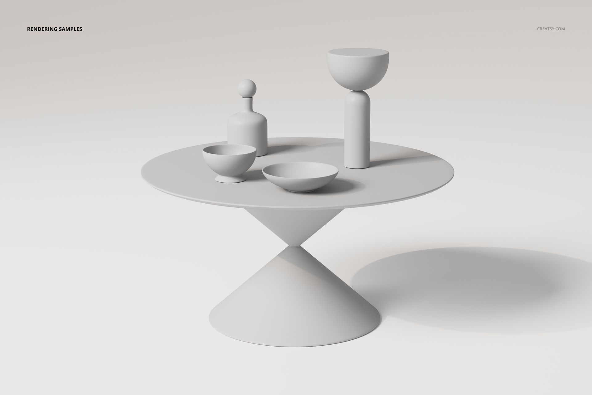 Cone base dining table with a round top, shown in a minimalist scene with geometric vases and bowls on top.