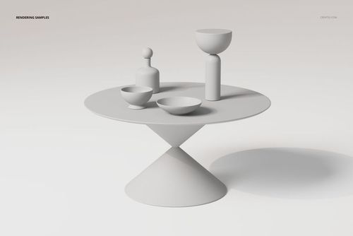 Cone base dining table with a round top, shown in a minimalist scene with geometric vases and bowls on top.