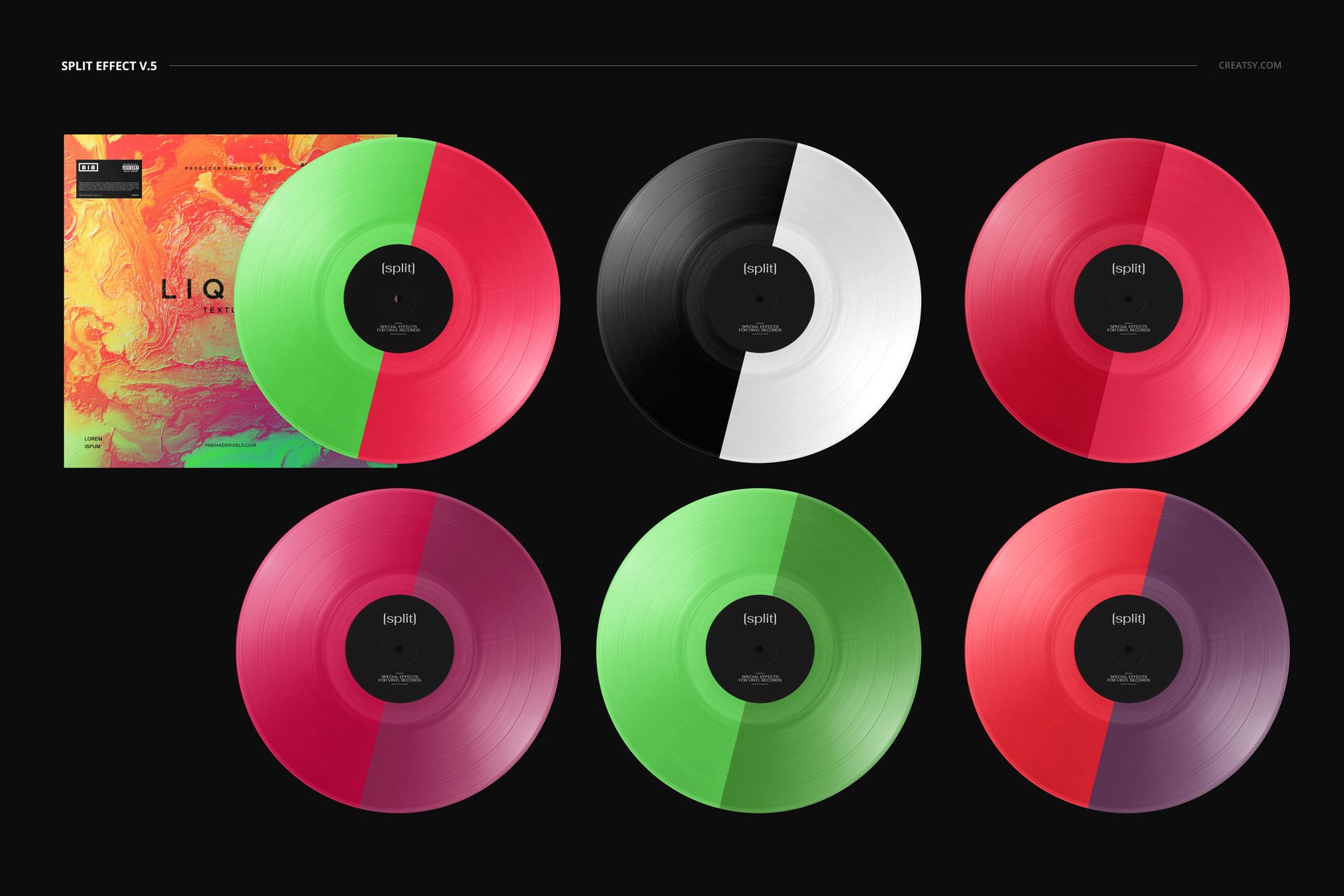 PSD mockup showing six vinyl records in green, pink, black, white, and purple halves, with a multicolored cover on the left.