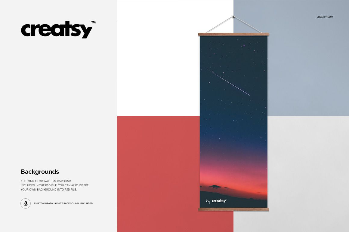 Front view of a door banner mockup featuring a starry night illustration, displayed on a color-blocked wall.