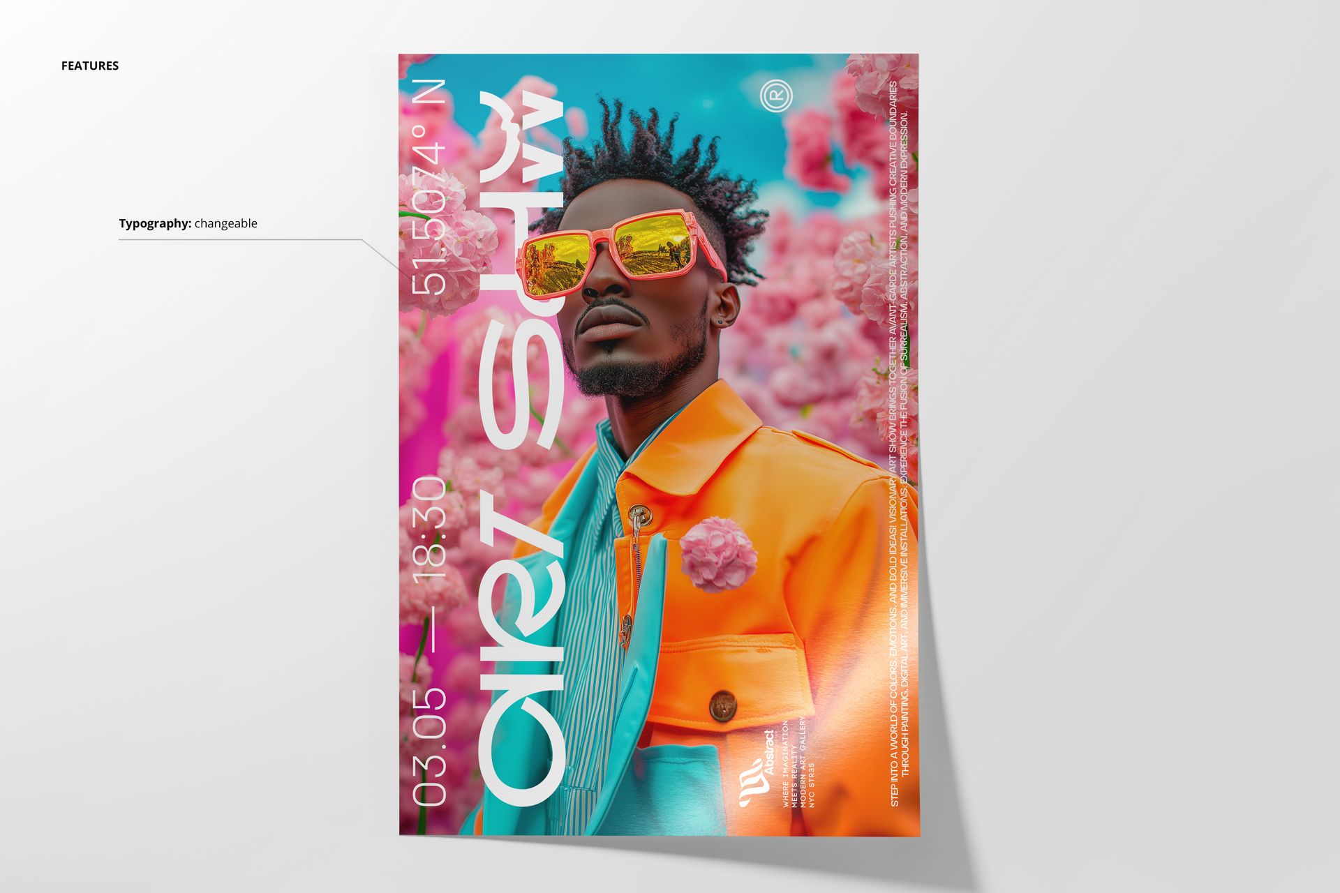 Colorful poster mockup with bold typography, featuring a person in an orange jacket against a pink floral background.