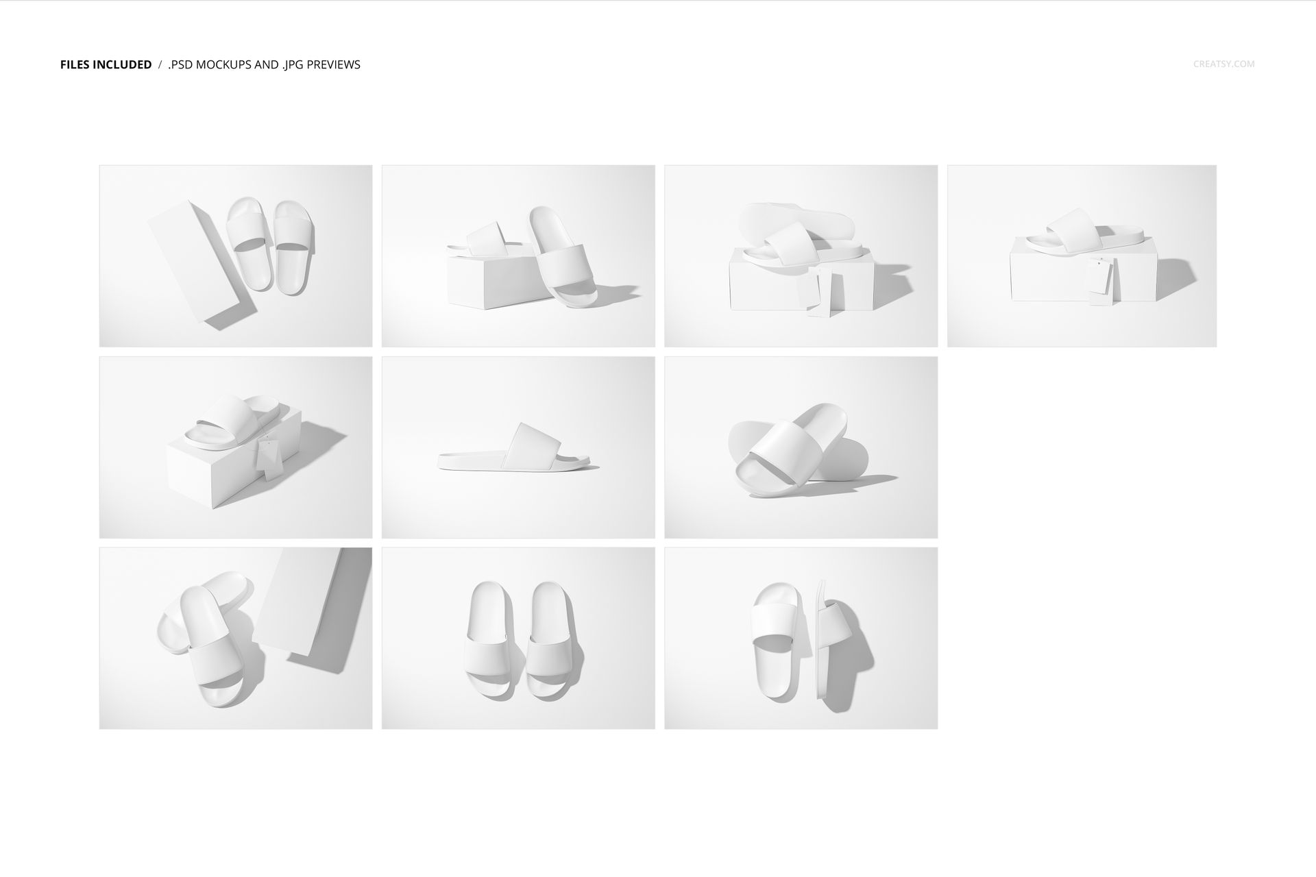 Set of white slide sandals displayed in various angles and arrangements on plain backgrounds, showcasing mockup options.