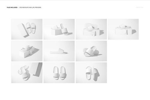 Set of white slide sandals displayed in various angles and arrangements on plain backgrounds, showcasing mockup options.