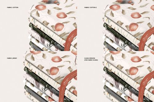 Fabric stack mockup displaying cotton, jersey, and clean versions, each with distinct patterns and color variations.