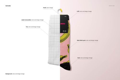 Socks mockup displayed from a top view, split into two halves showing editable design areas and color options.