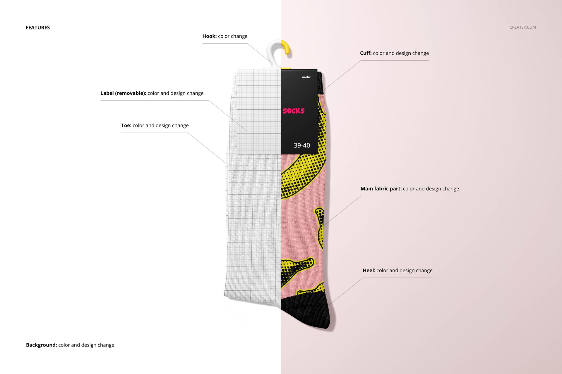 Socks mockup displayed from a top view, split into two halves showing editable design areas and color options.