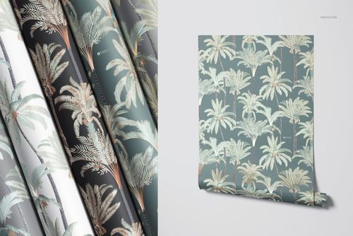 Paper wallpaper mockup set showing several rolls and a single unrolled sheet with leafy palm designs, neutral background.