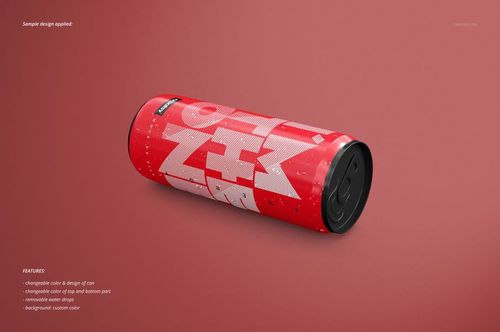 PSD mockup of a cylindrical energy drink can featuring a red label, black top, and removable water drops effect.