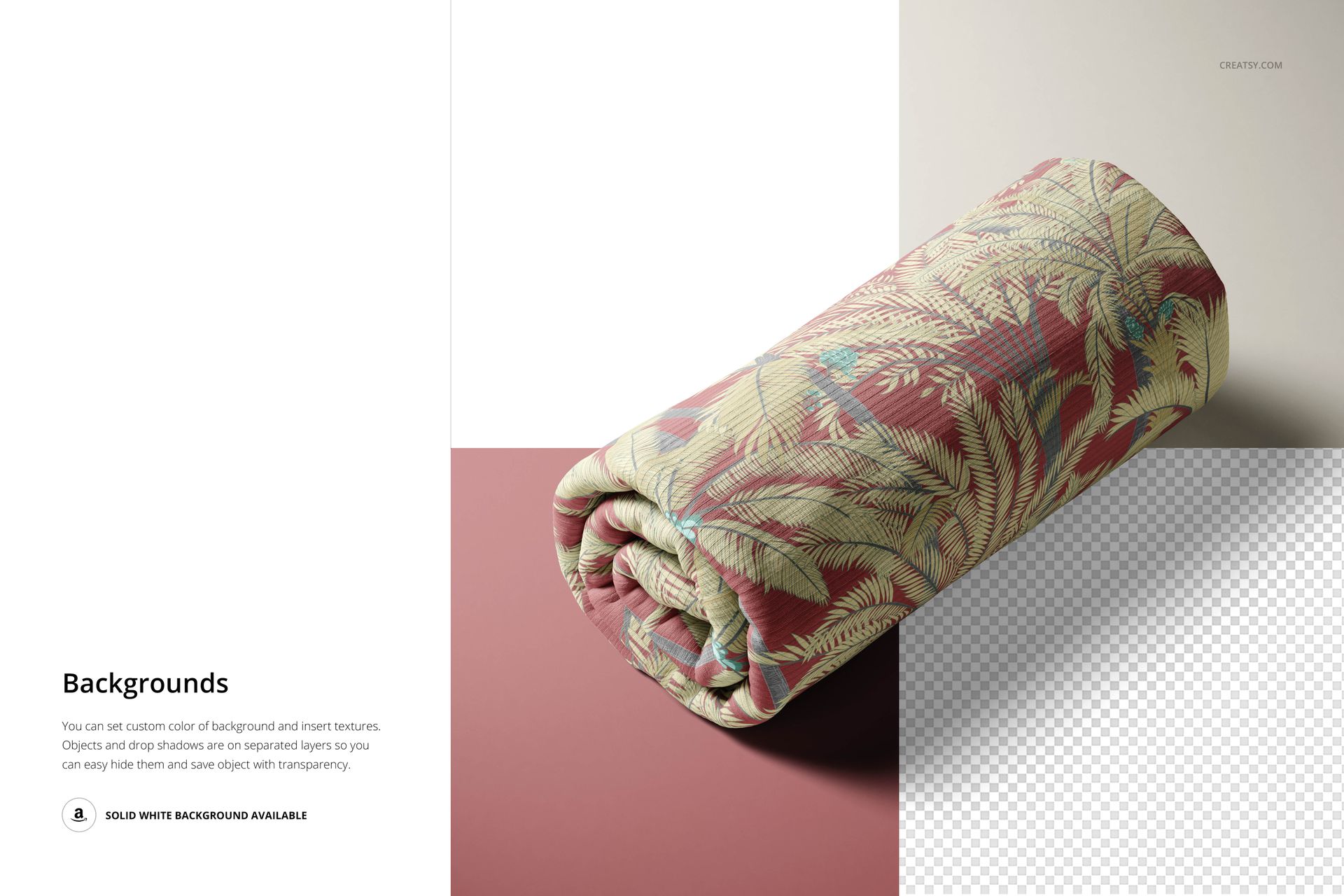 Rolled rib knit fabric with tropical leaf pattern in beige and green on a muted red background, shown in a mockup scene.