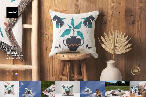 Front view of a 45x45cm woven pillow mockup featuring a plant design, styled in a cozy, natural interior scene.