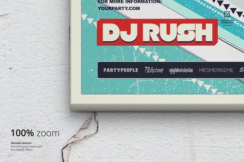 Front view of a canvas print mockup featuring a colorful geometric design with text, displayed on a textured wall.