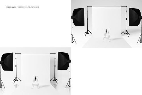 PSD mockup of a photography backdrop with a white roll-up screen, lighting equipment, and a stool in a minimal studio scene.