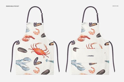 Apron PSD mockup set showing both sides, with marine-themed designs including shellfish and crustaceans in soft tones.