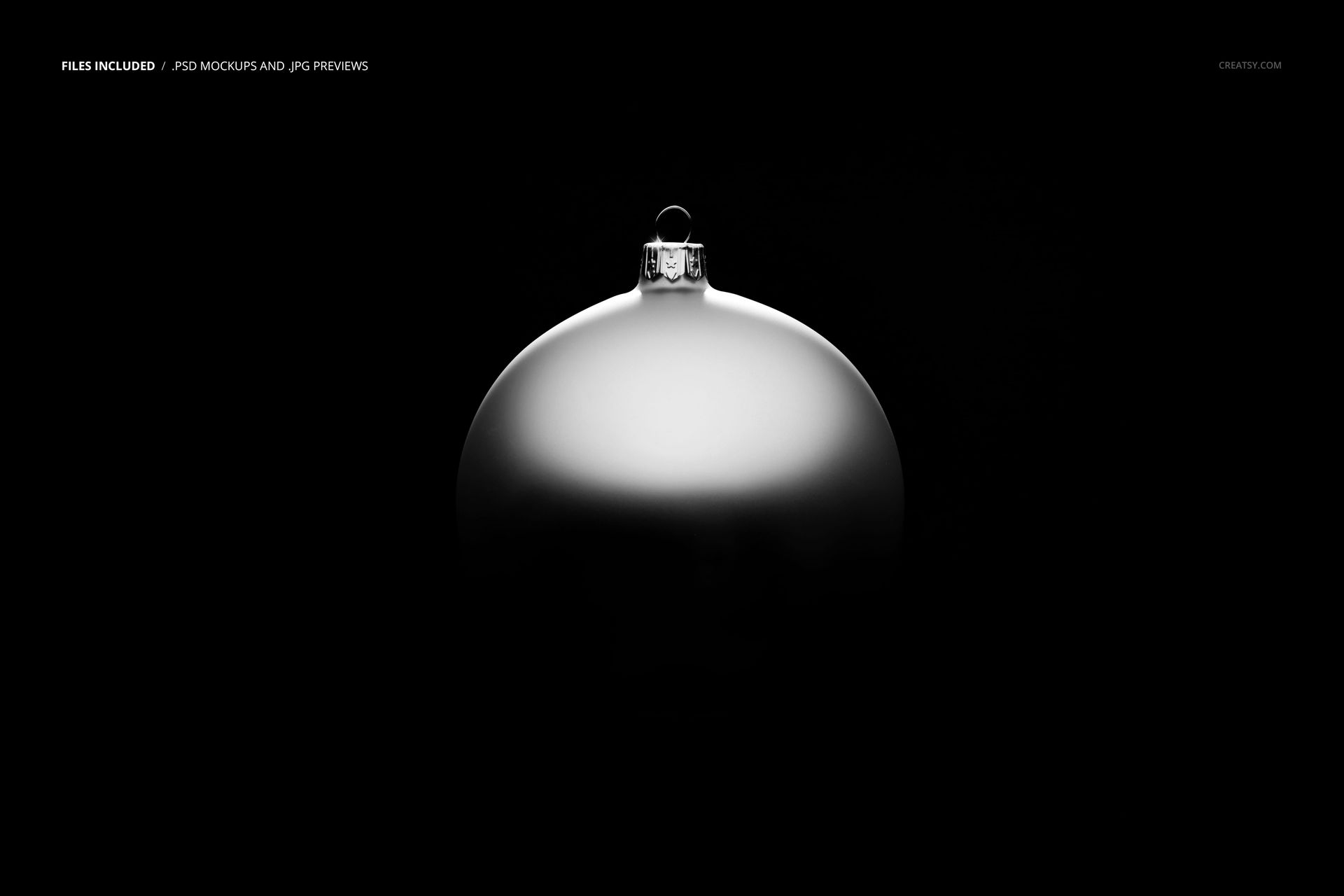 Front view of a satin Christmas ball ornament with a metallic holder, set against a dark background in a mockup scene.