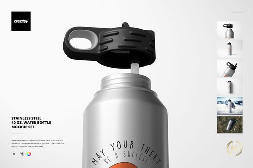 40 oz stainless steel bottle mockup with open black lid, featuring a visible straw and minimalistic scene.