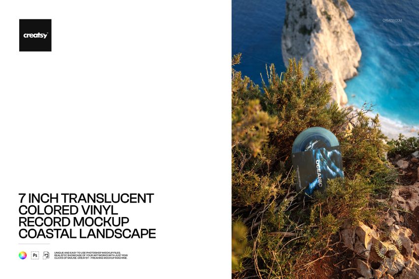 Translucent colored vinyl record mockup placed on rocky coastal landscape with green shrubs and blue sea in background.