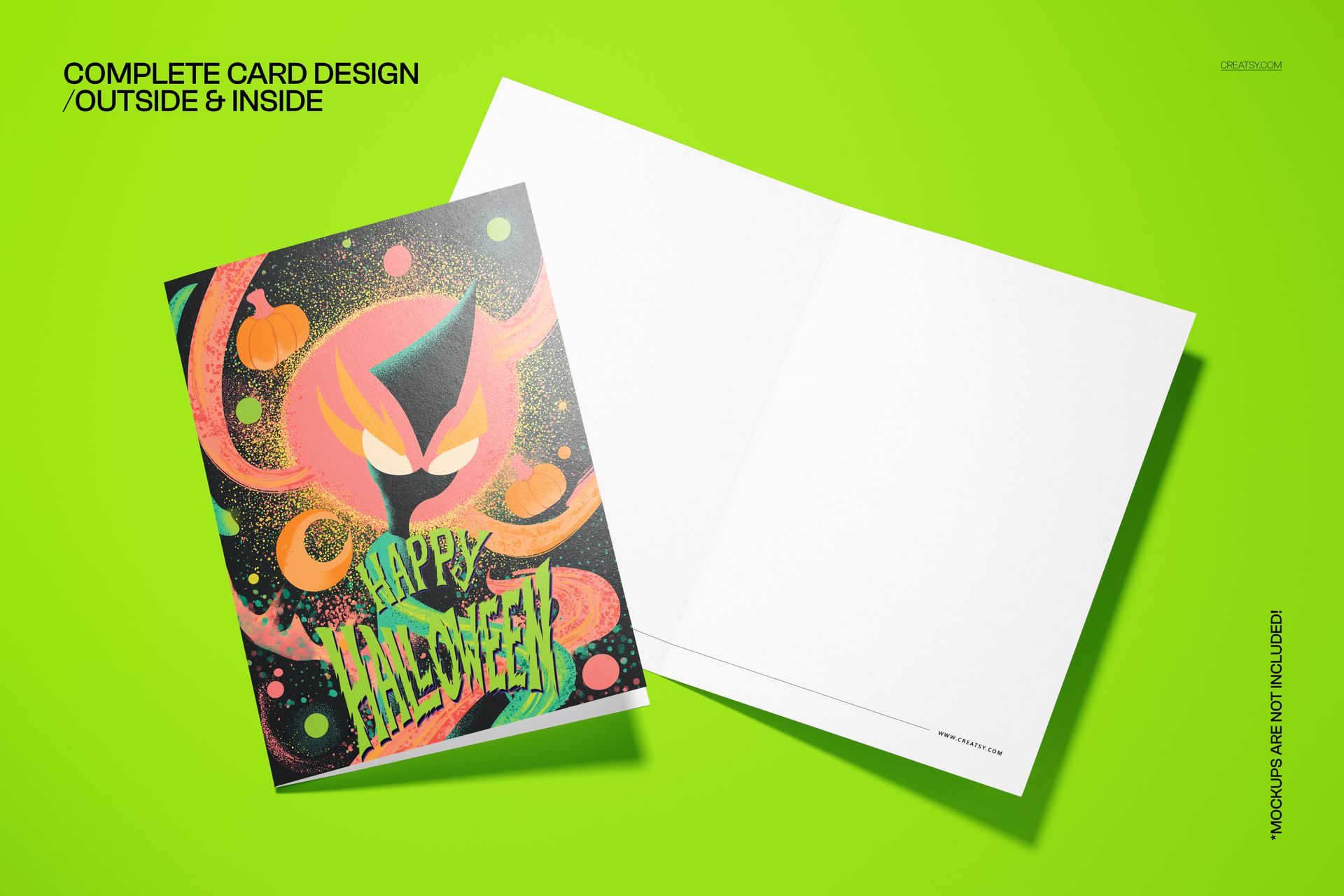 Front view of a folded 5x7 card mockup featuring a mystical black creature and pumpkins on a vibrant green background.