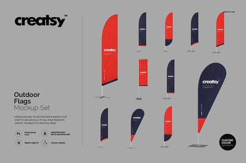 Collection of vertical outdoor flags mockup in different forms, displaying red and blue colors with metal stands.