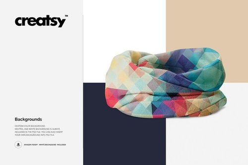 Colorful neck warmer with geometric diamond pattern displayed on a split background in a front view mockup.