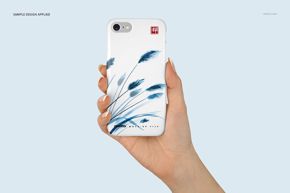 iPhone 7 plastic case mockup featuring a minimal blue feather motif, held upright in a neutral setting.