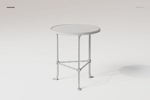Round metal accent table with a mirrored top, shown in a wireframe render on a plain light background, front view.