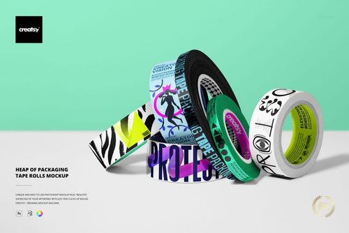 Assorted packaging tape rolls in a mockup, showing close-up details of different colors, patterns, and typography.