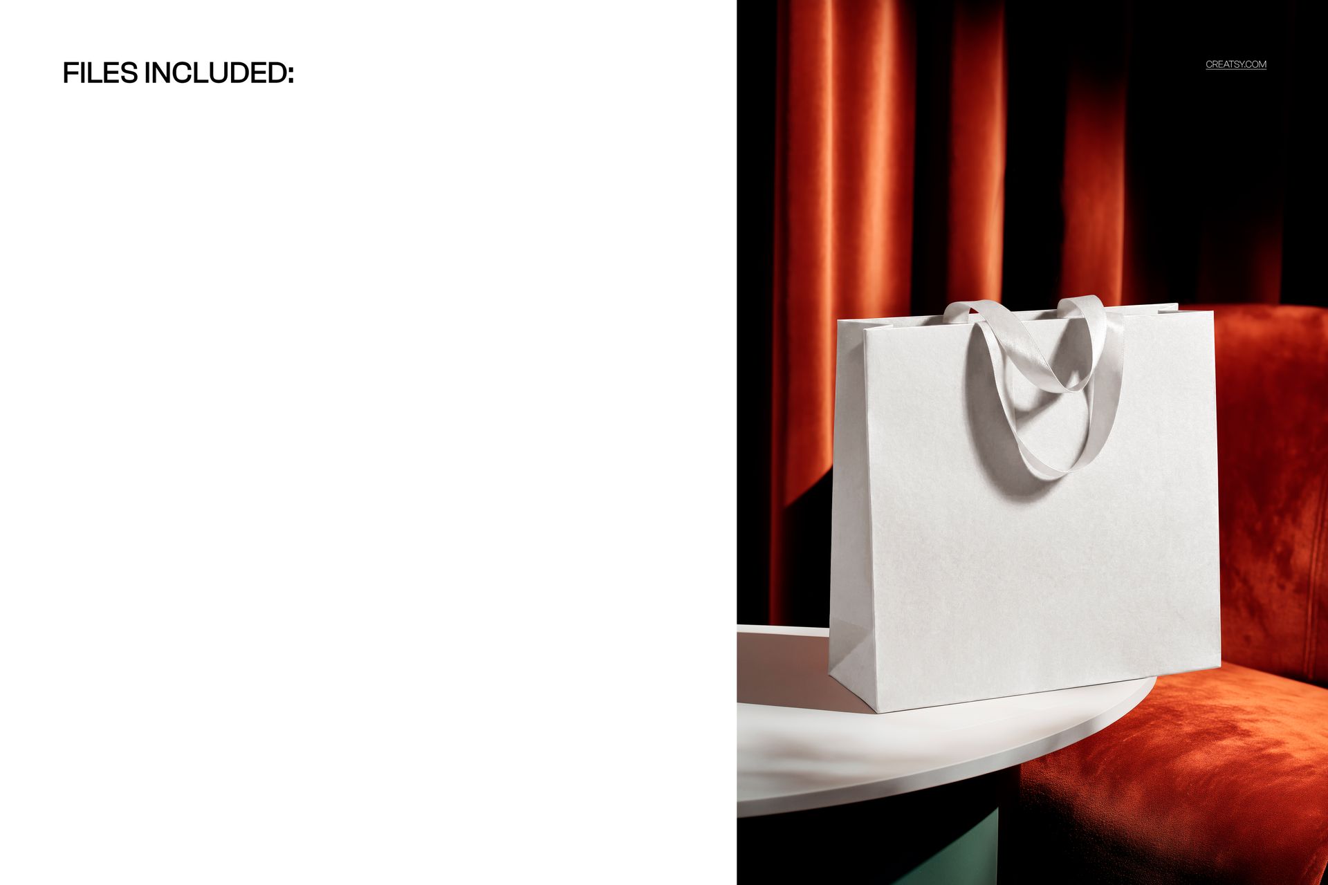 Luxury paper shopping bag mockup featuring ribbon handles, shown in a front view on a table with orange drapes behind.