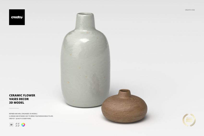 Front view of two ceramic flower vases, one tall and pale gray, one short and brown, on a plain white background.