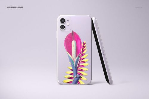 Clear iPhone 11 case mockup with a colorful floral design, showing one phone upright and another lying flat on a light background.