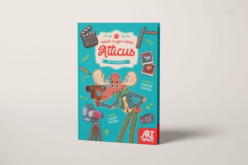 Front-facing hardcover book mockup with a bright blue illustrated cover and playful cartoon graphics on a plain background.