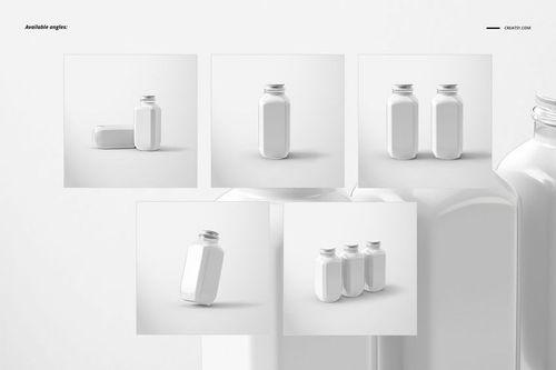 Glass bottle mockup set featuring multiple white bottles in various arrangements, shown from front and angled views.