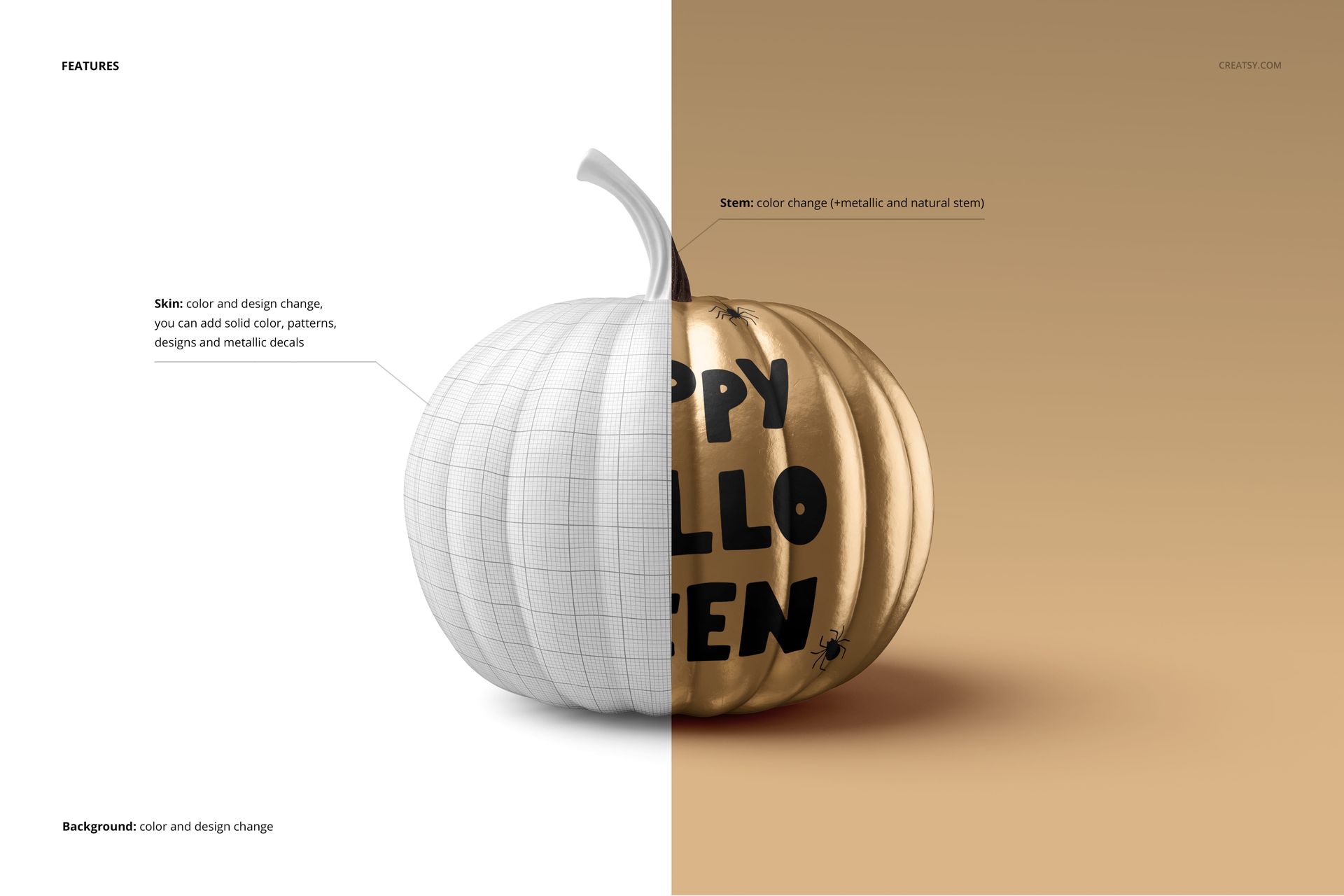 Front view of a pumpkin mockup split in half, showing a white grid section and a gold metallic side with black text.