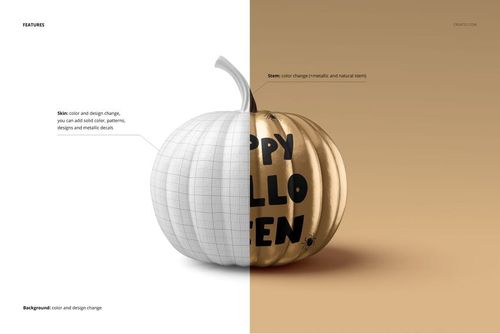 Front view of a pumpkin mockup split in half, showing a white grid section and a gold metallic side with black text.