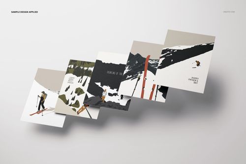 A2 card mockup set showing five cards with winter sports artwork, arranged in a diagonal layout on a light surface.