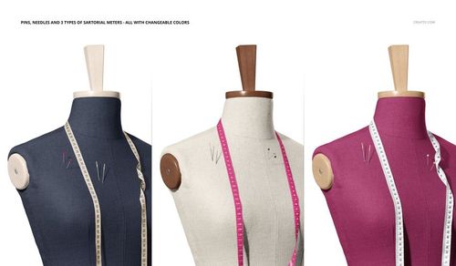 PSD mockup set featuring dressmaker’s mannequins in blue, cream, and pink fabrics, accessorized with tailoring tools.