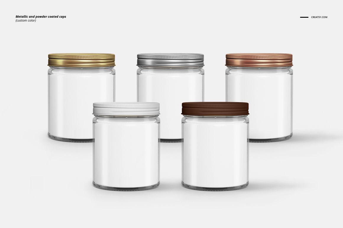 Five jar candle mockups with white bodies and metallic lids in gold, silver, copper, white, and brown, arranged in a row.