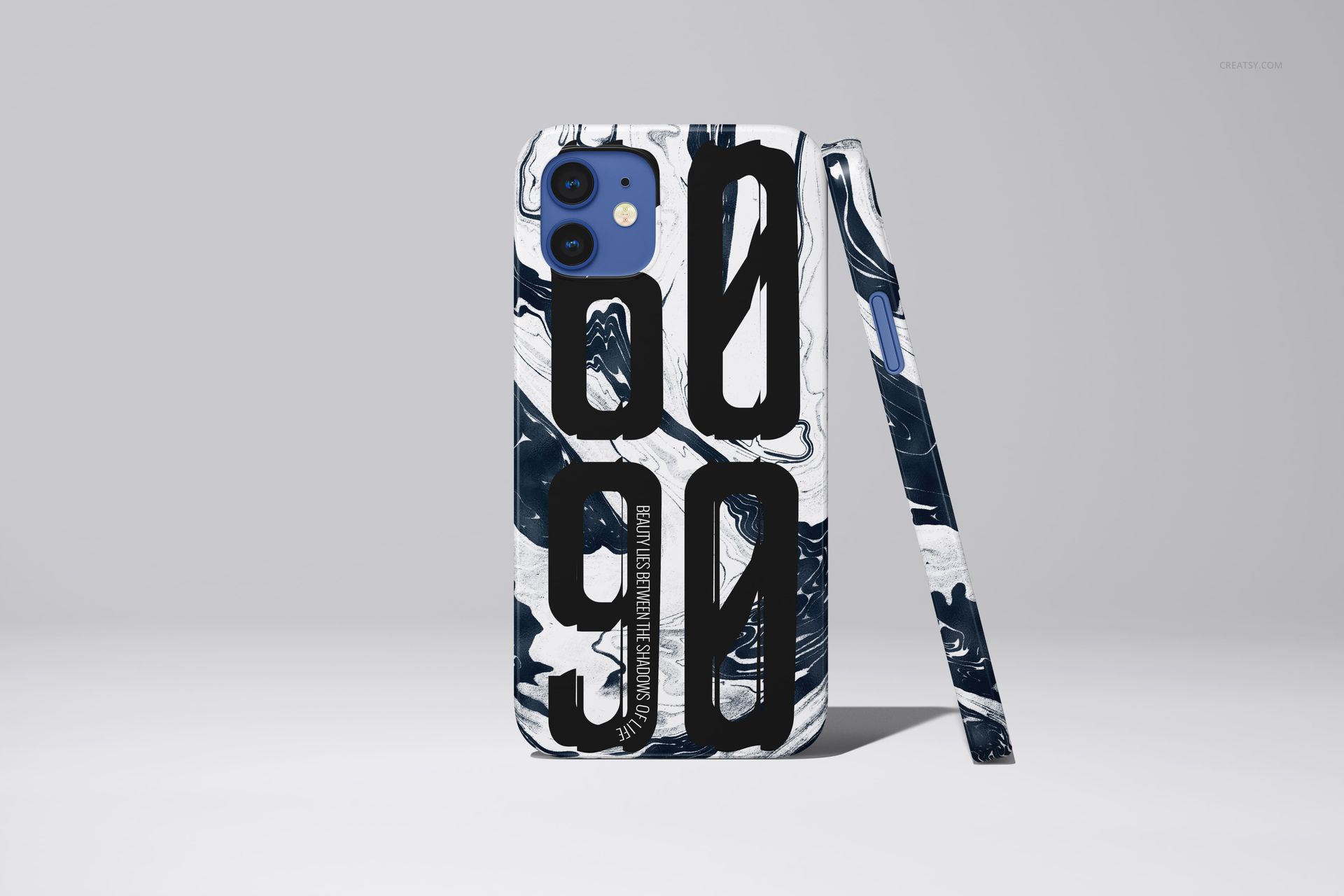 iPhone 12 case mockup with glossy finish, displaying large black numbers on a swirling monochrome design, front and side view.