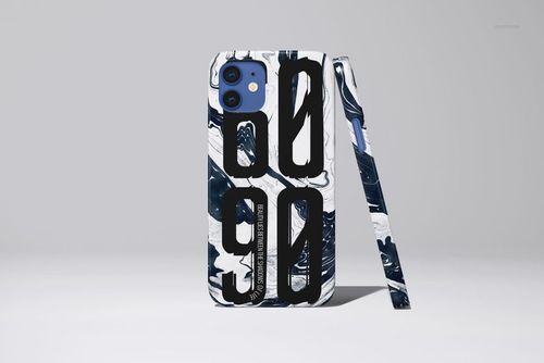 iPhone 12 case mockup with glossy finish, displaying large black numbers on a swirling monochrome design, front and side view.