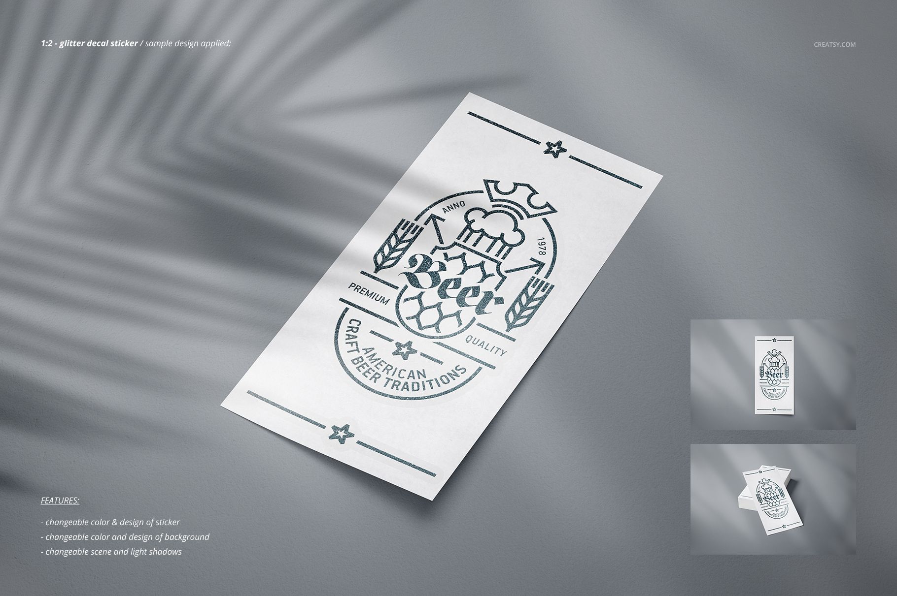 Rectangular decal sticker mockup displayed on a light gray surface with subtle shadows and two smaller variant previews.