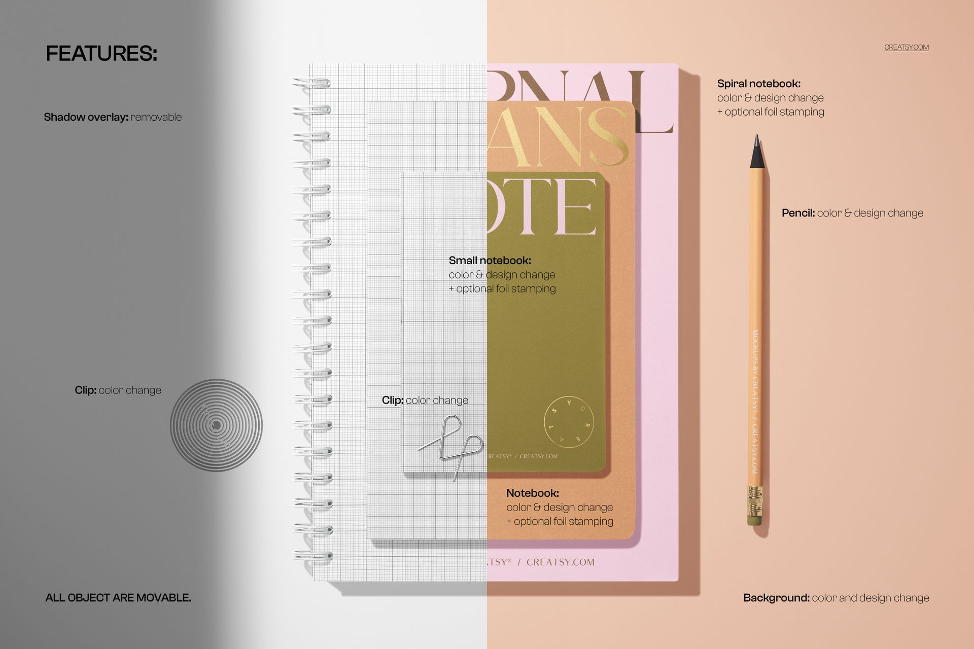 Front view of spiral and softcover notebooks mockup with grid and pink covers, pencil, and movable objects.