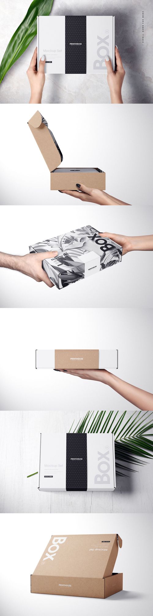 Rectangular mailing box mockup shown in various scenes, featuring white and kraft brown surfaces with minimalist design elements.