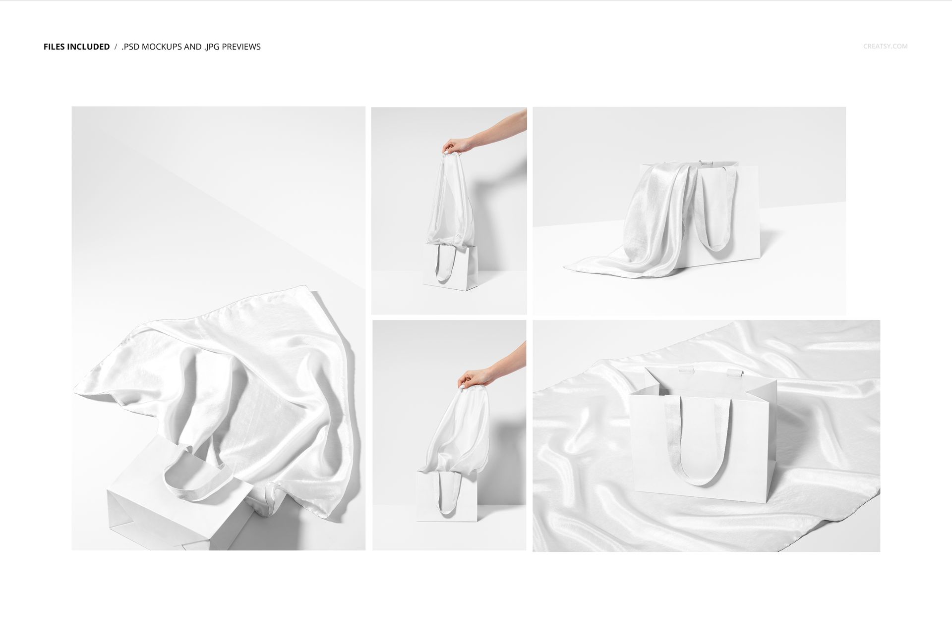 Habotai silk scarf and white paper bag mockup set displayed in various arrangements on a clean white background.