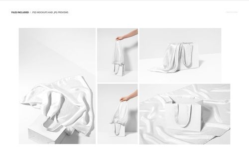 Habotai silk scarf and white paper bag mockup set displayed in various arrangements on a clean white background.