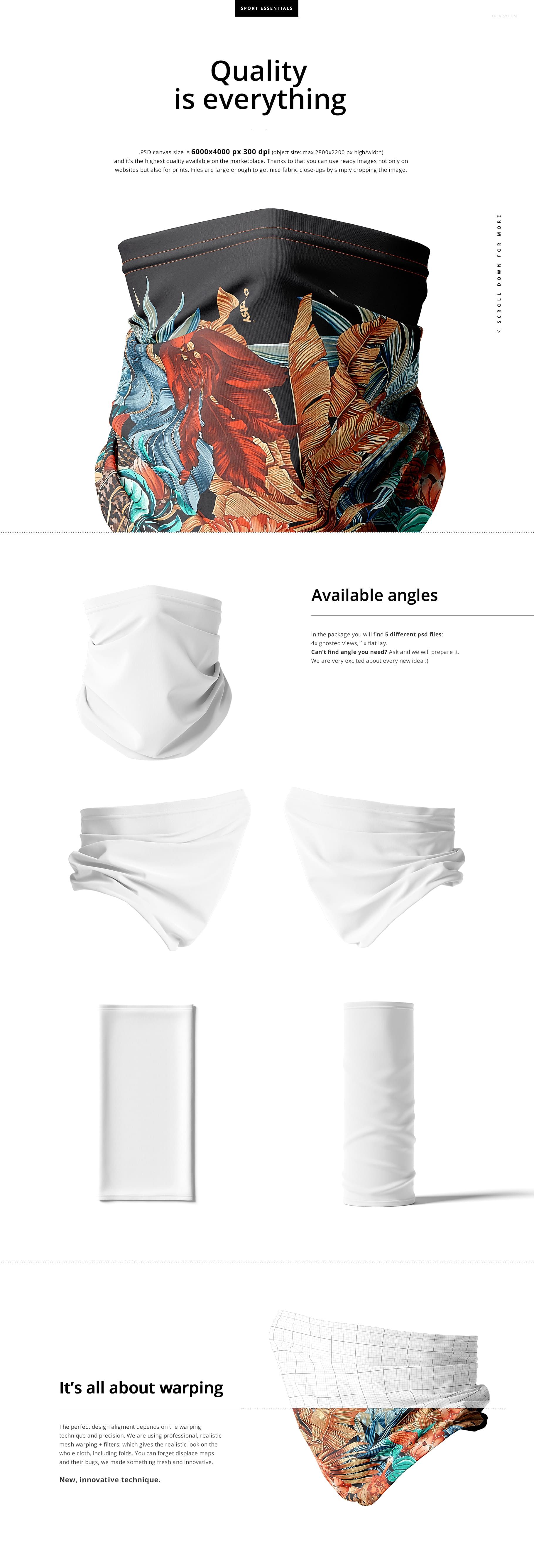 Neck gaiter mockup set showing multiple views, including a colorful leaf pattern and plain white fabric options.