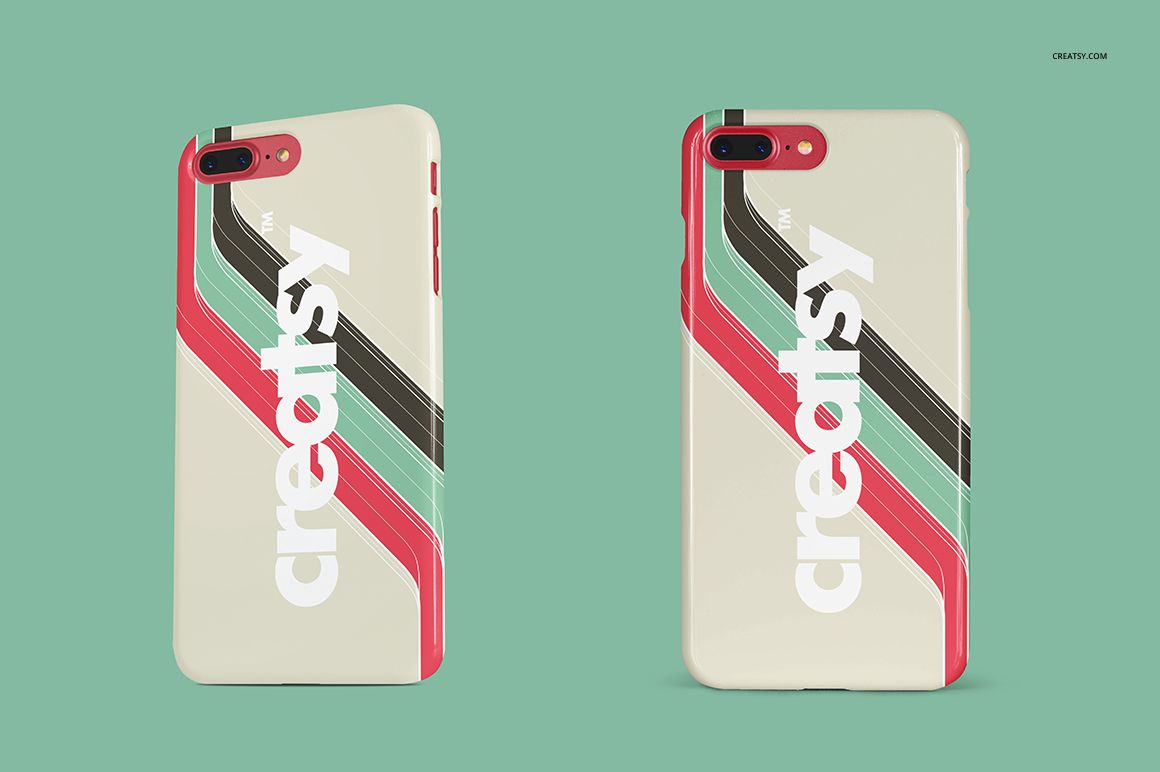 iPhone snap case PSD mockup set showing two cases with a cream base and vibrant diagonal stripe patterns on a green background.